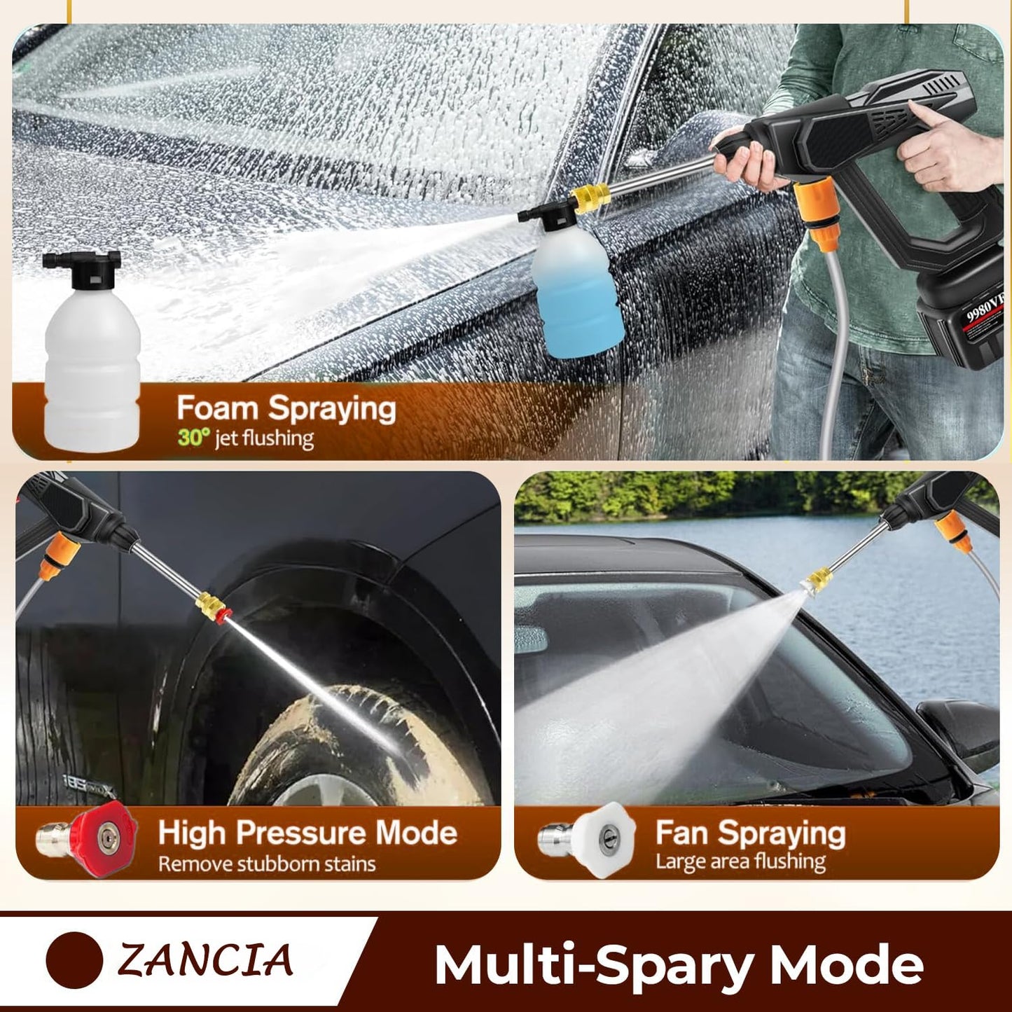 Cordless Car Washer High Pressure Gun - Car Washing 48V Rechargeable Electric Pressure Washer Gun Bike, Car Washing Pump, Portable Car Washer with Adjustable 3 in 1 Nozzle and 5M Pipe. Black GenzVybs